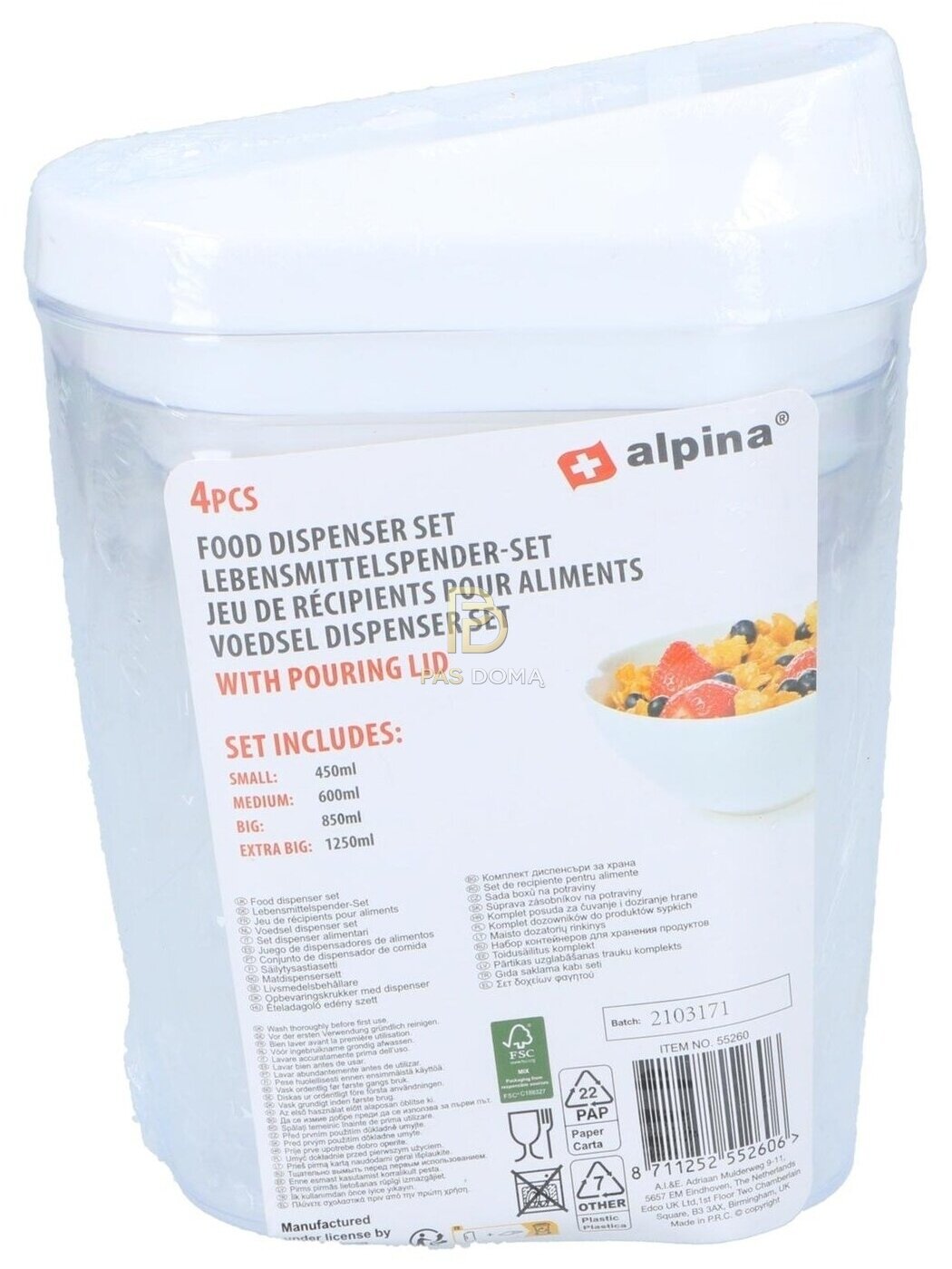 ALPINA Maisto Produktų Dozatorių Rinkinys 1,25 l / 0,85 l / 0,6 l / 0,45 l 3