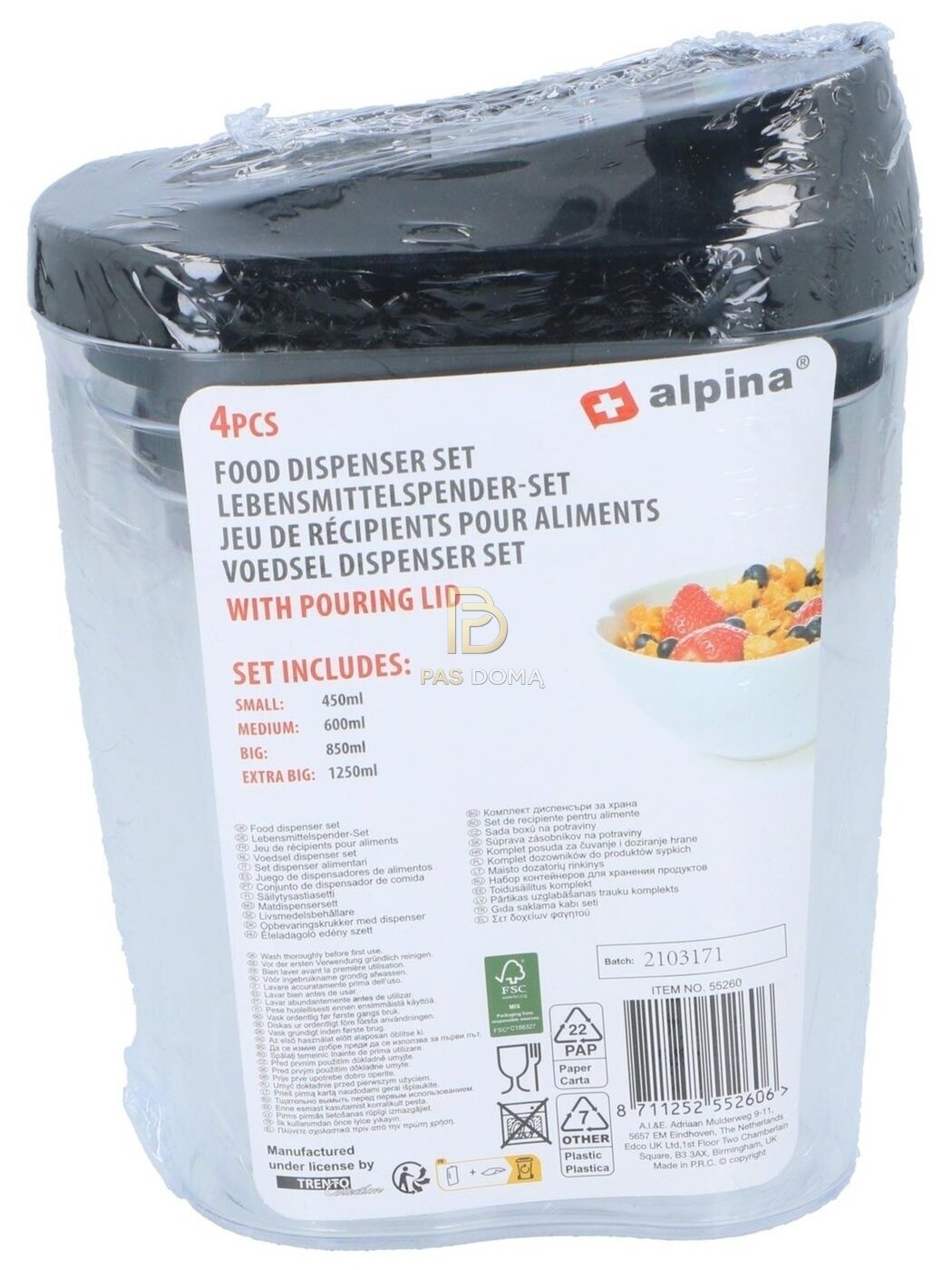 ALPINA Maisto Produktų Dozatorių Rinkinys 1,25 l / 0,85 l / 0,6 l / 0,45 l 6