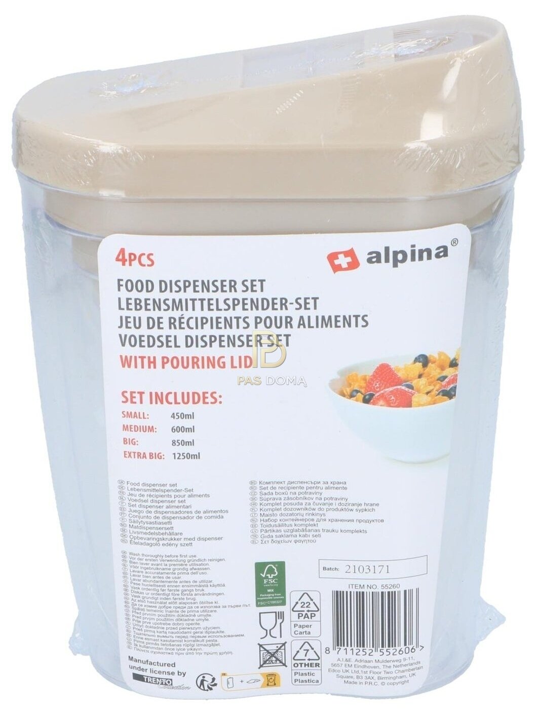 ALPINA Maisto Produktų Dozatorių Rinkinys 1,25 l / 0,85 l / 0,6 l / 0,45 l 9