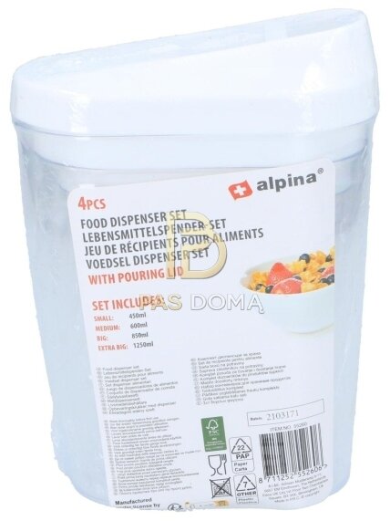 ALPINA Maisto Produktų Dozatorių Rinkinys 1,25 l / 0,85 l / 0,6 l / 0,45 l 3