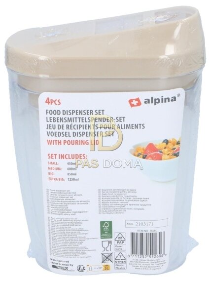 ALPINA Maisto Produktų Dozatorių Rinkinys 1,25 l / 0,85 l / 0,6 l / 0,45 l 9