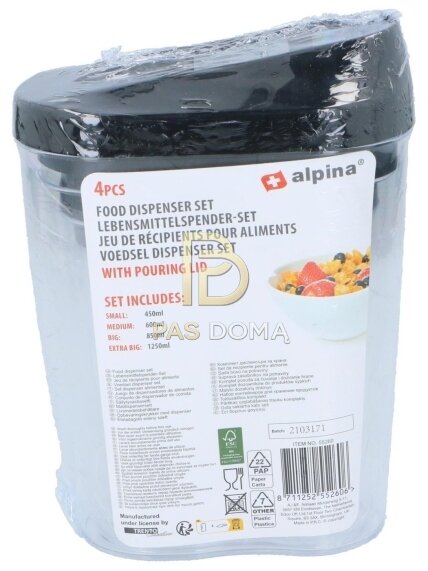 ALPINA Maisto Produktų Dozatorių Rinkinys 1,25 l / 0,85 l / 0,6 l / 0,45 l 6
