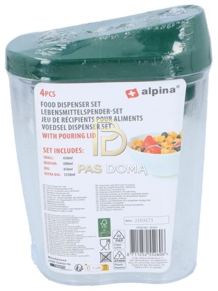 ALPINA Maisto Produktų Dozatorių Rinkinys 1,25 l / 0,85 l / 0,6 l / 0,45 l 12