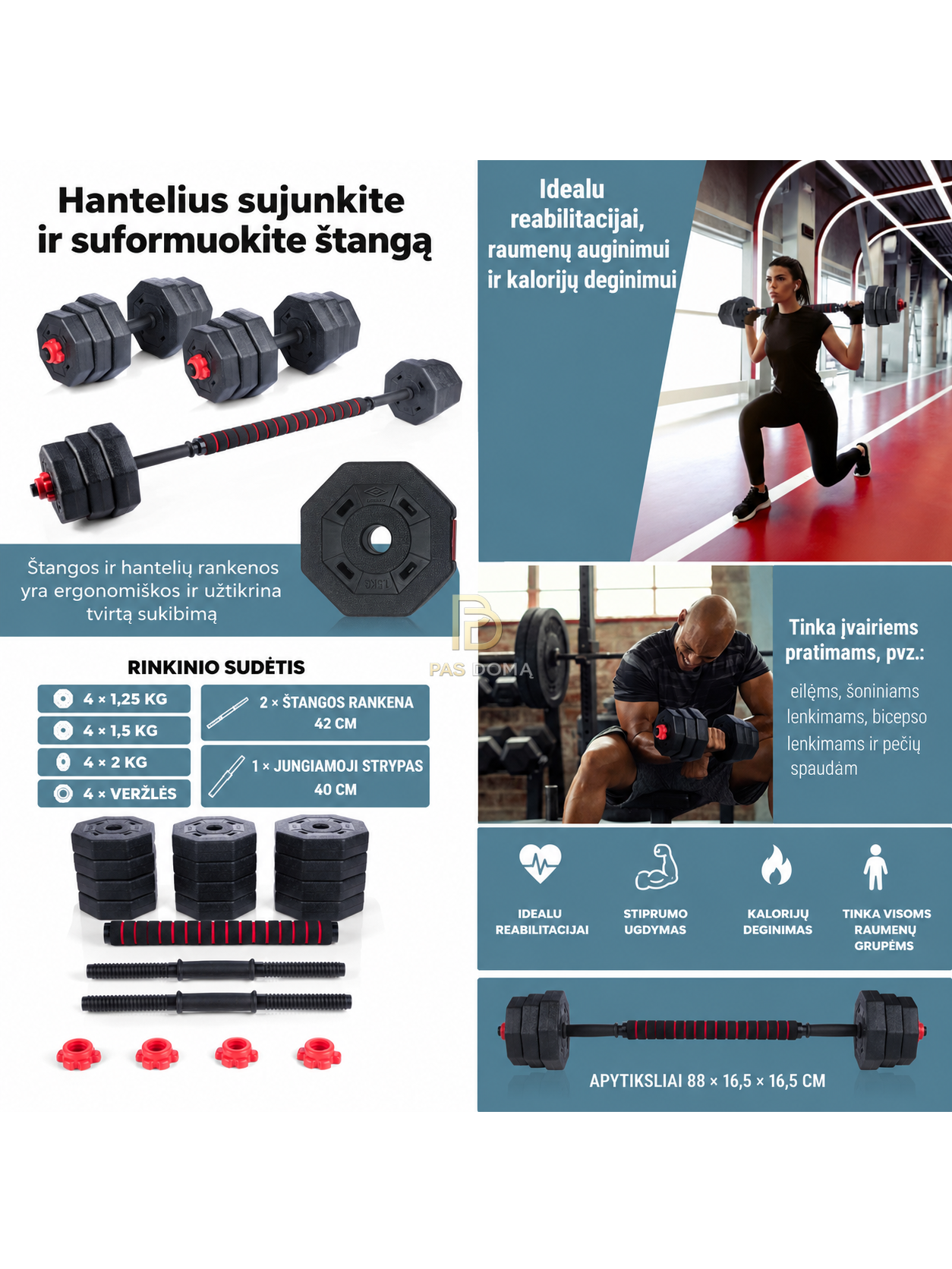 UMBRO Reguliuojamų hantelių rinkinys iki 19,6 kg 2